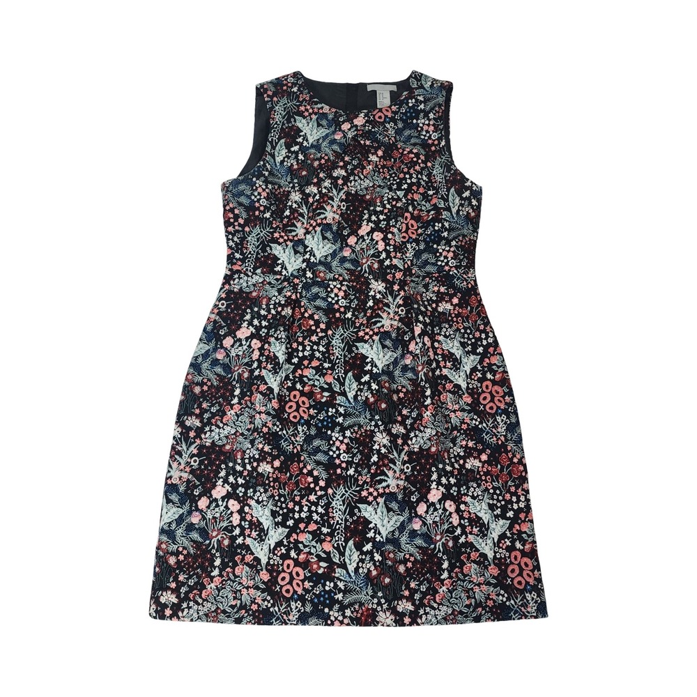 HM Navy Blue Floral Jacquard Sleeveless Shift Dress Size 10 Gold Back Zip